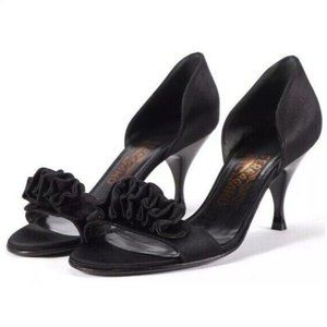 Salvatore Ferragamo Satin Ruffle D'Orsay Heel Leather Sandals Black Size 8 B